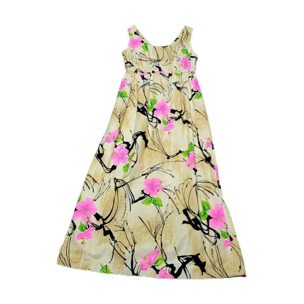 Vtg THE LIBERTY HOUSE Hawaii Elegant Maxi Gown Dress Yellow Pink Hibiscus Sz S M
